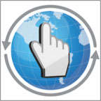 A hand icon hovers over a 2-D globe. Two grey arrows circle the globe counterclockwise.