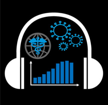 image of headphones encompassing virus, bar graph and caduceus icons