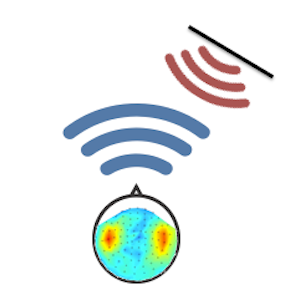 A schematic diagram showing a neural activation map superimposed on a head, which is emitting sound waves that a nearby surface is reflecting.