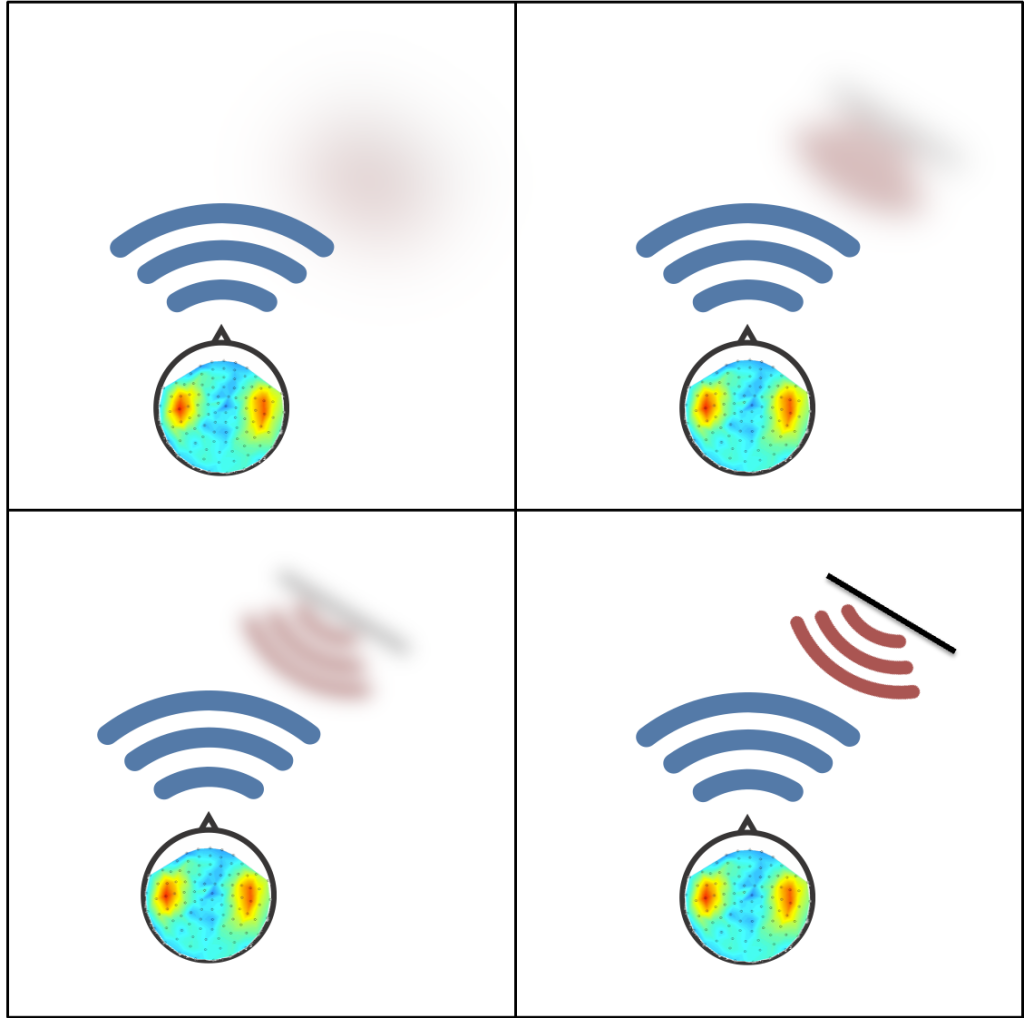 Four-panel schematic illustrating an echolocation target, initially blurry, becoming progressively more sharply defined.