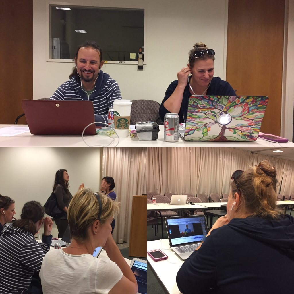 two photos of people in looking at laptop screens