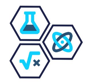Graphic showing STEM icons including a chemistry beaker, atom with electron orbits, and a mathematical square root symbol